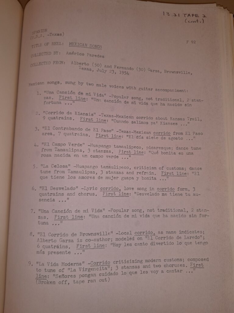 Notes on Garza collection, Ethnomusicology Archive