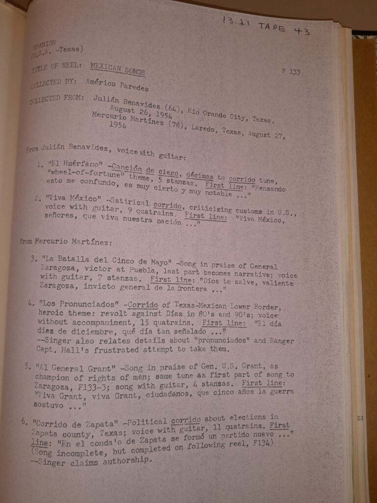 Archivist’s notes on historical and political corridos by Mercurio Martínez