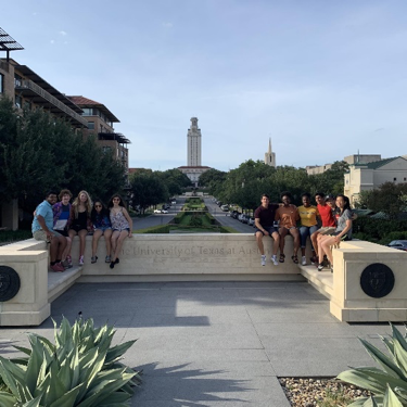 students in front of UT tower from the south mall