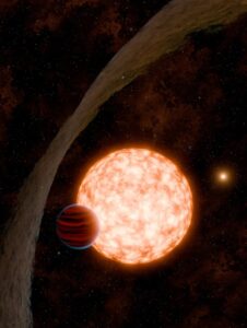 Artist's concept of a young, newly discovered planet, exposed to observation by a warped debris disk.