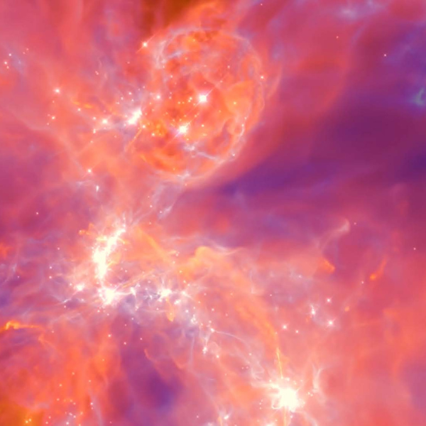 pink, purple, and white gaseous looking still frame from a STARFORGE simulation of star formation in a massive (20,000 solar mass) giant molecular cloud