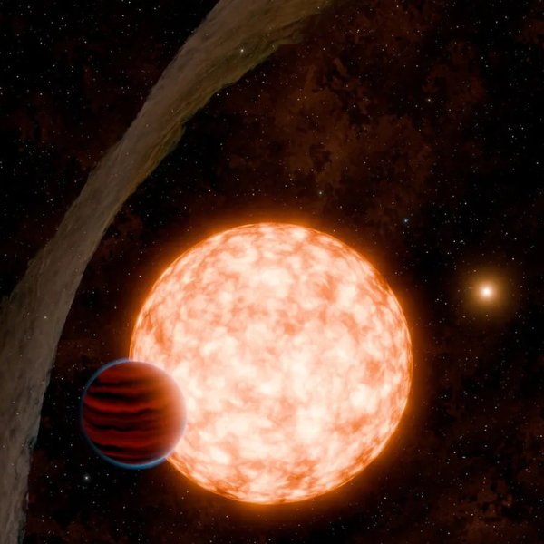 Artist's concept of a young, newly discovered planet, exposed to observation by a warped debris disk.