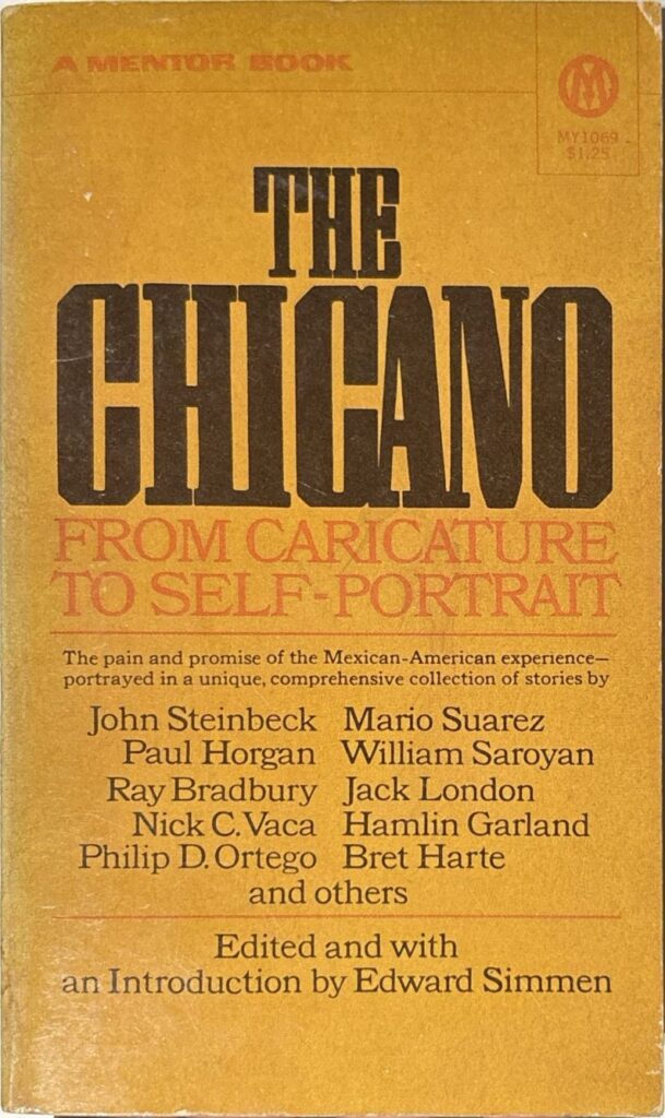Book cover of The Chicano: From Caricature to Self-Portrait. The cover is entirely yellow, with the title in black lettering, the subtitle in red, and the essay's authors' names below in black.