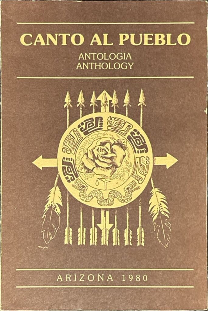 Book cover of Canto al Pueblo: An Anthology of Experiences. The title, date, and location appear in black. The cover features an illustration of a red rose with green leaves and a drop of red falling from its thorns.