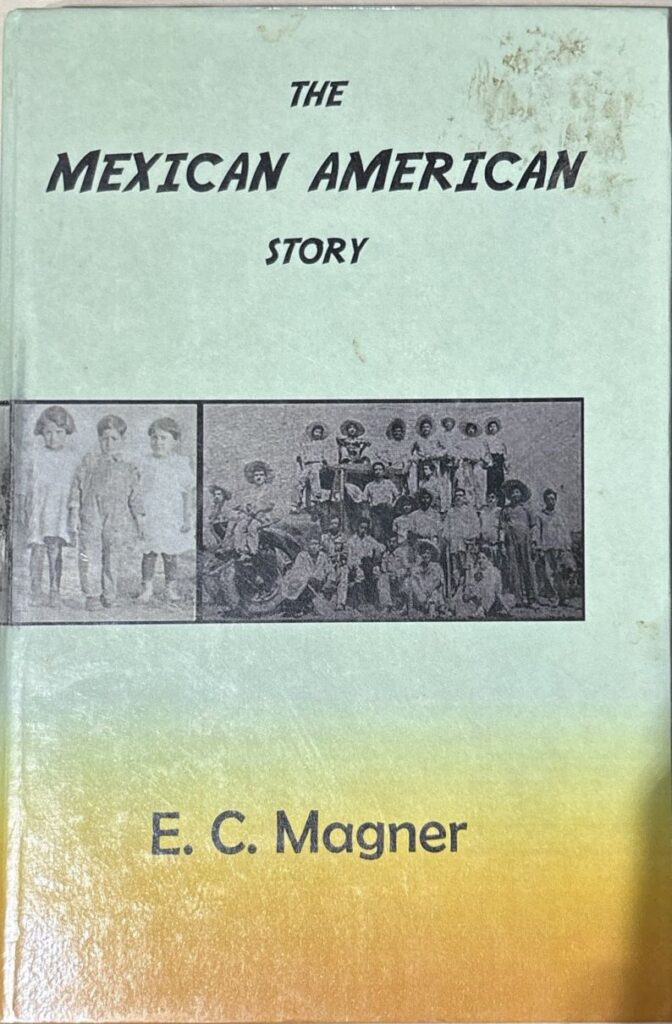 Book cover of The Mexican American Story. The cover is green, with two black-and-white photographs in the center (one of three children, and another of a large group of people in what appears to be fieldwork clothing). The title and the author's name are in black.