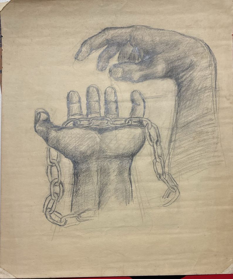 Pencil illustration of two hands and a broken chain. Drawing from a student from Colegio Jacinto Trevino.