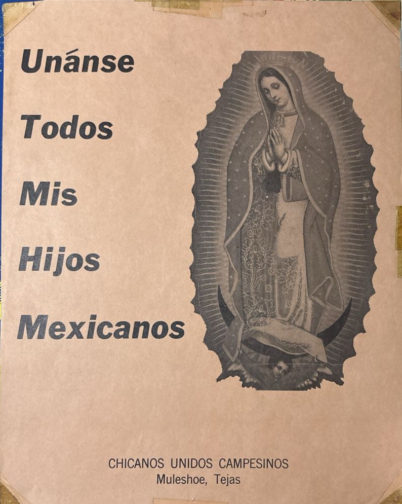This poster features Our Lady of Guadalupe with the text "Unanse Todos Mis Hijos Mexicanos".