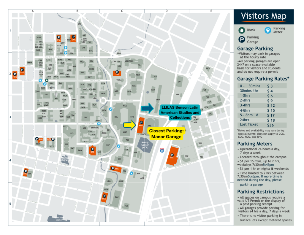 Map of the University of Texas campus pointing out the location of the Benson Collection
