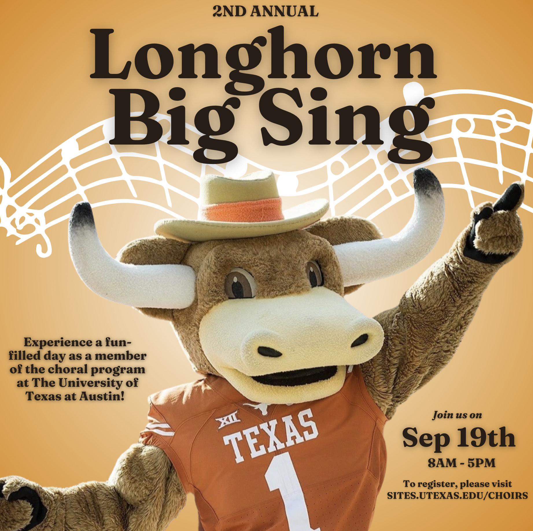 Poster for second annual Longhorn Big Sing on September 19th from 8 a.m. to 5 p.m.