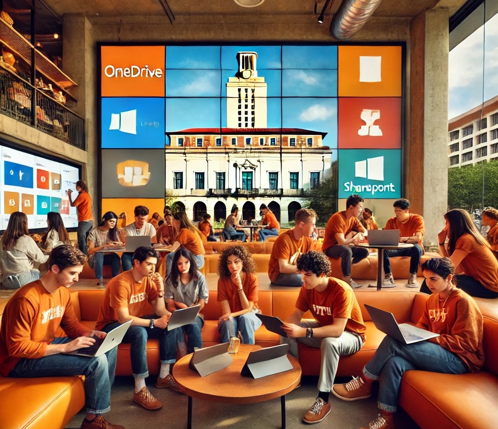 OpenAI generated image showing people working together in a UT themed room.