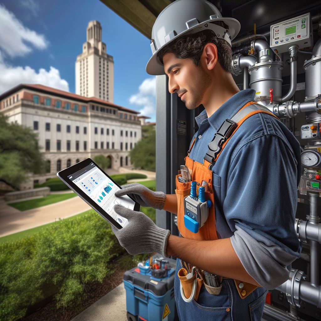 UT Works worker using iPad to fix a problem.