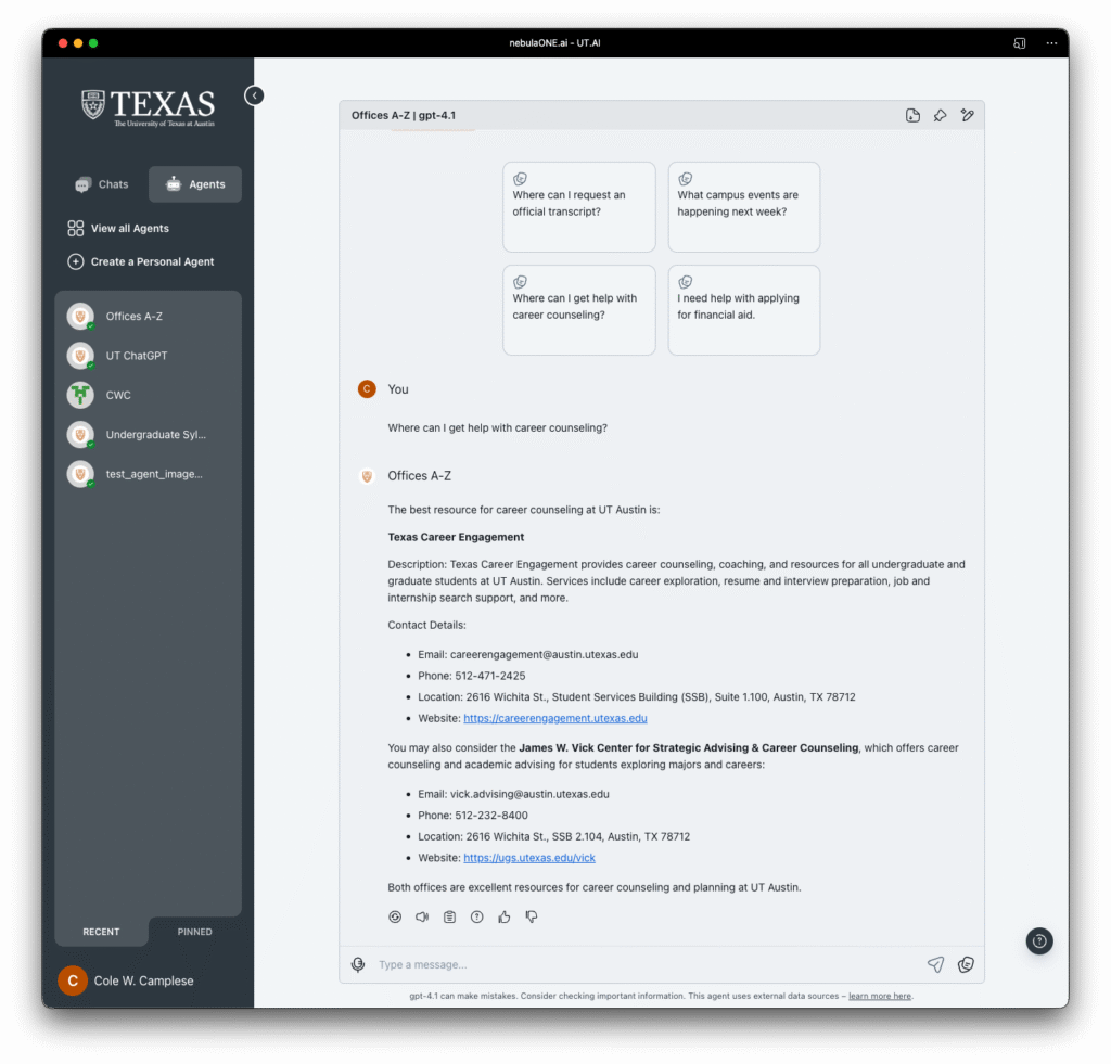 UT Spark AI interface showing the A-Z agent.
