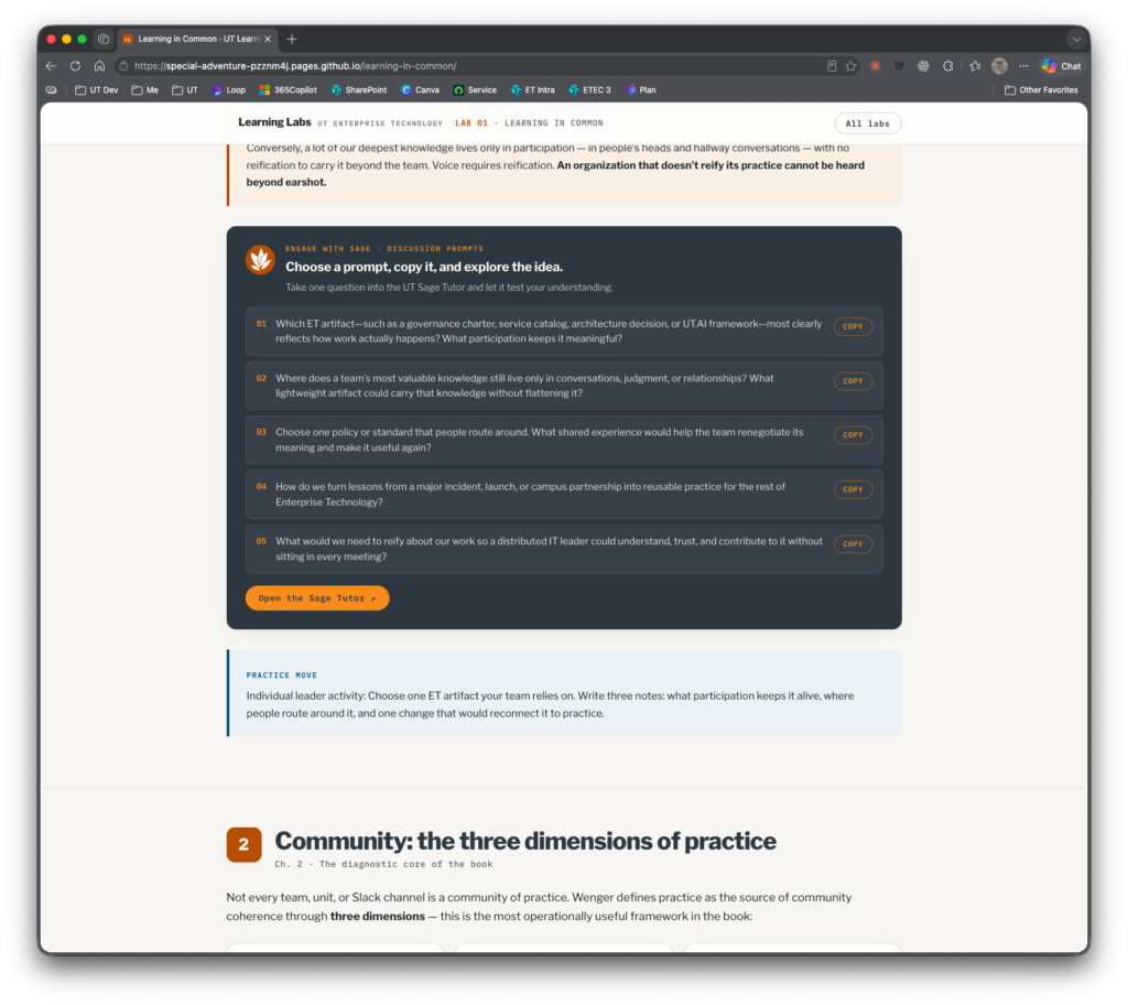 Screenshot of the learning scaffold showing the Sage prompts.
