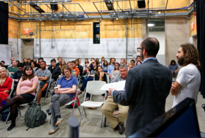 Nicolás Pereda speaking at "Latitude" Department of Radio, Film, and Television, UT Austin. Photo by Charles Ramírez Berg