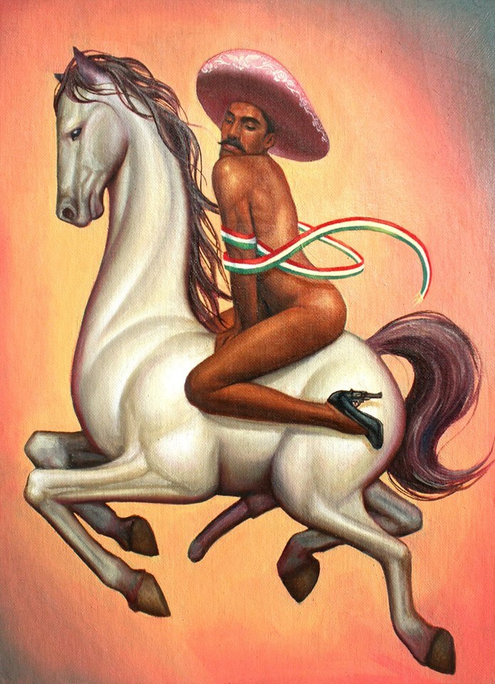 Emiliano Zapata riding a horse nude except for high heels