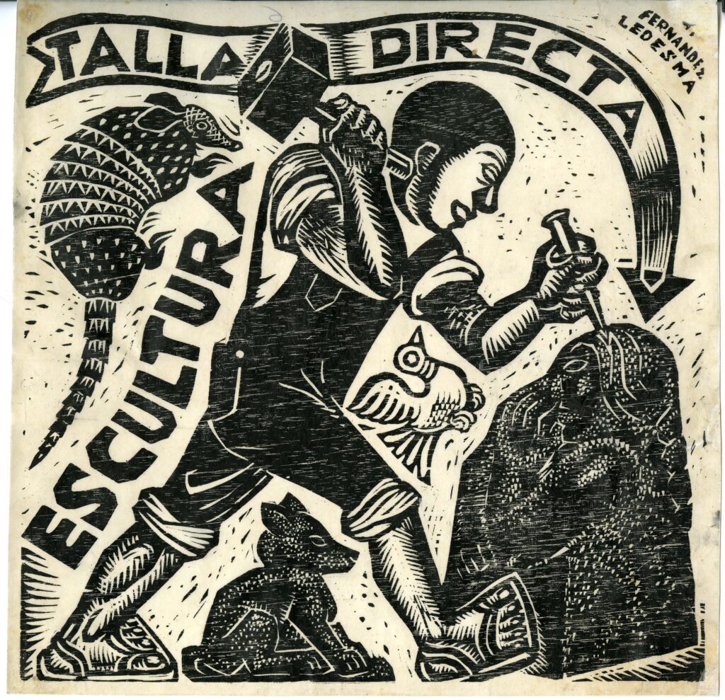 woodcut print showing an artist sculpting a block of wood by Gabriel Fernández Ledesma