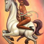 Emiliano Zapata riding a horse nude except for high heels