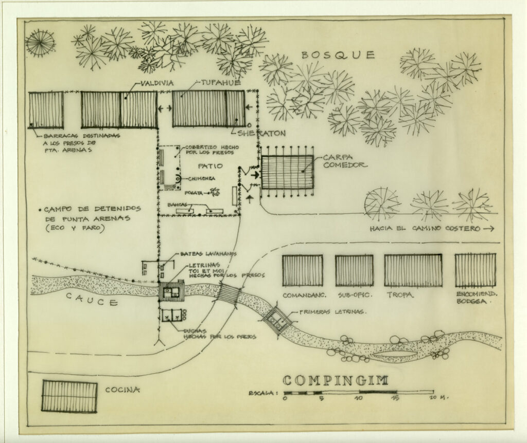 Drawing made by the architect Miguel Lawner during his confinement in different concentration camps by the state during the Chilean dictatorship, 1973-1990