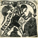 woodcut print showing an artist sculpting a block of wood by Gabriel Fernández Ledesma