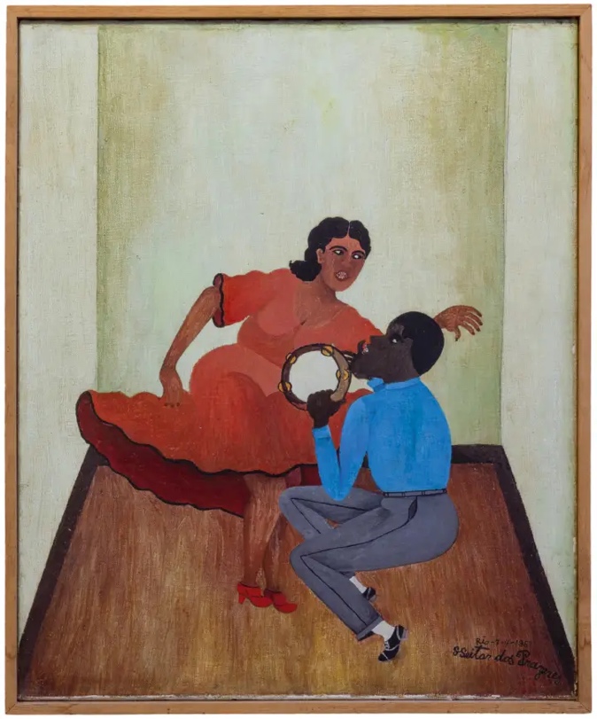 Painting of a man and woman dancing in an interior as the man plays a tambourine.
