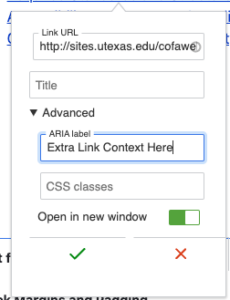 form for inserting a link in the body field showing the aria-label field.