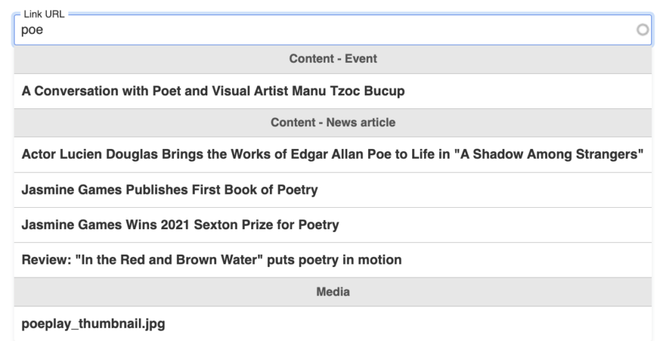 Link Button Dialogue Box with a list of links