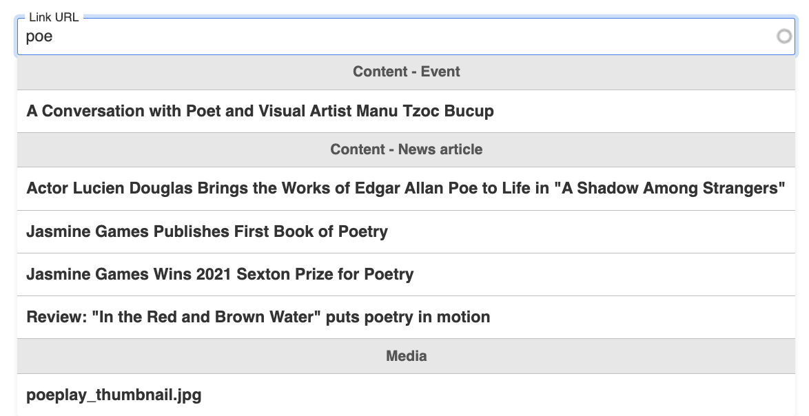 Link Button Dialogue Box with a list of links