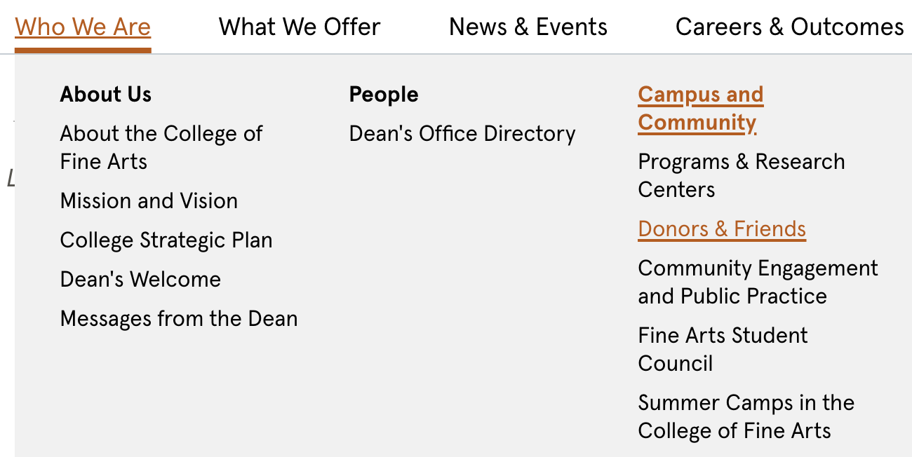 Image of a menu showing the parent items are underlined and orange