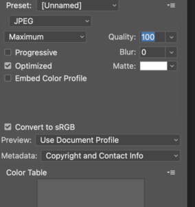 Screen capture of configs for exporting an image in Photoshop that shows the Convert to SRGB box checked