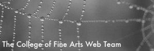 Photograph of spider web with College of Fine Arts Web Team wordmark