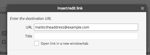 Screen shot of the URL creation interface where the mail to has replaced the http.