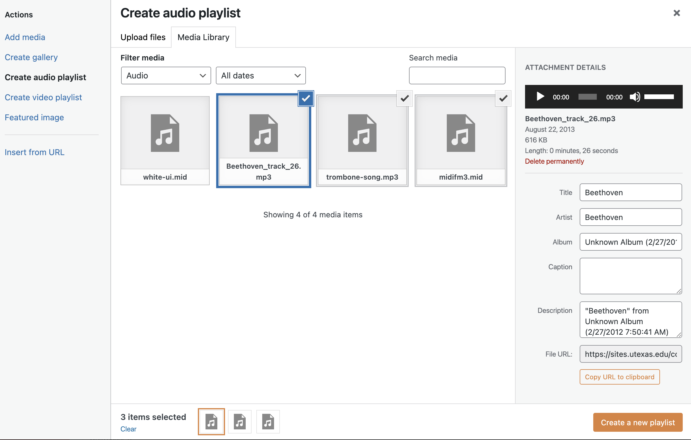 Create Audio Playlist screen