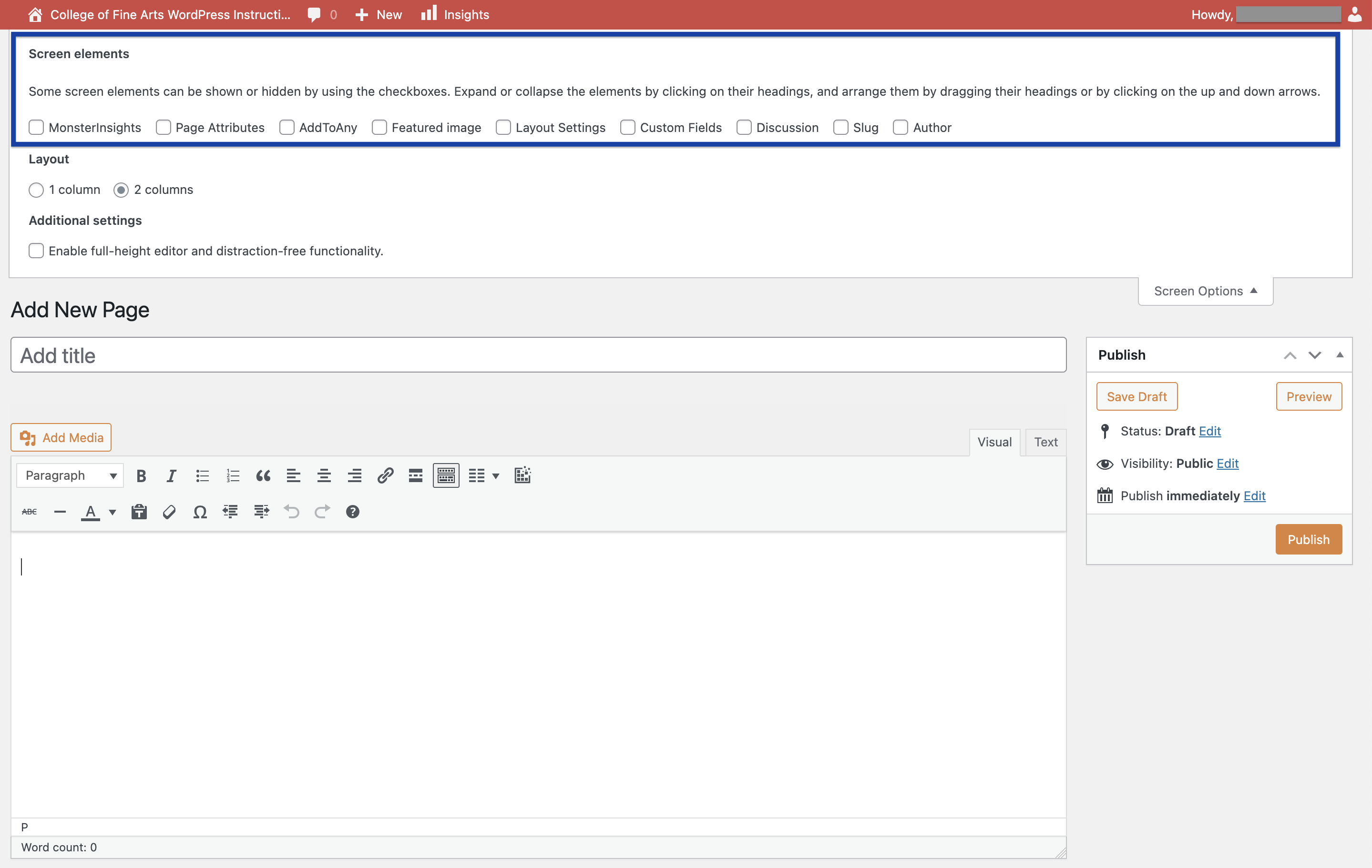 A Page editing screen with all Screen Options turned off.