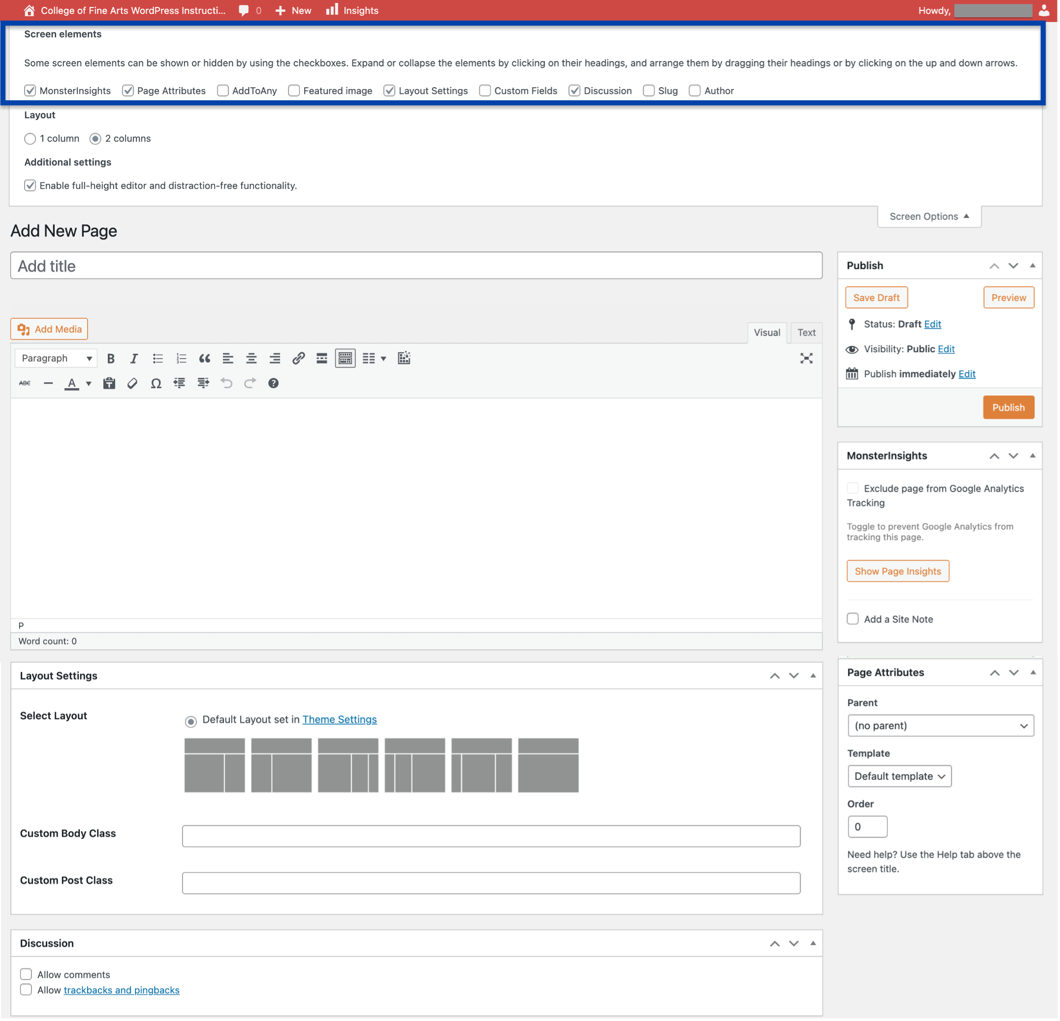 A Page editing screen with some Screen Options turned on.
