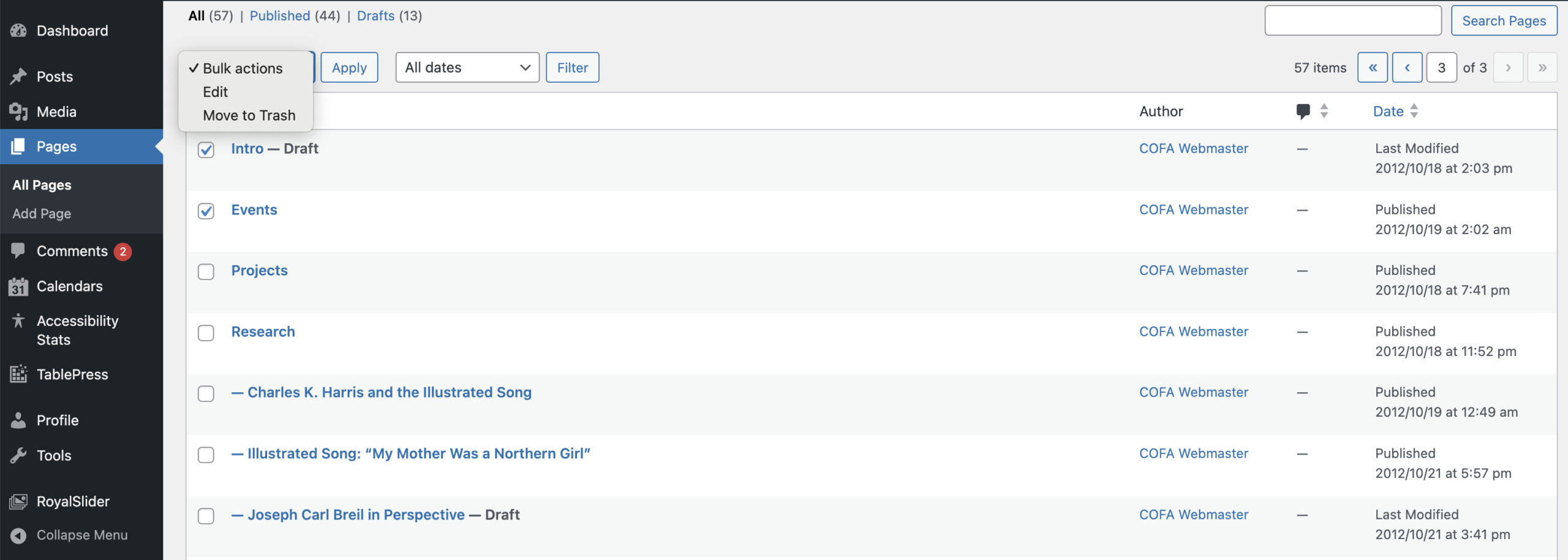 The All Pages Screen and the bulk actions dropdown