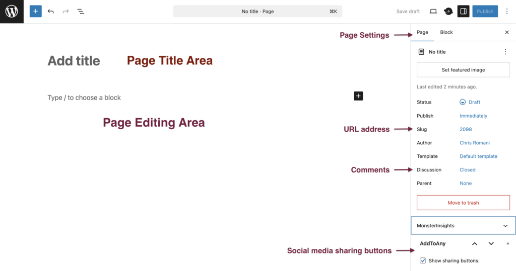 Areas of the Page Editing Screen in the block editor