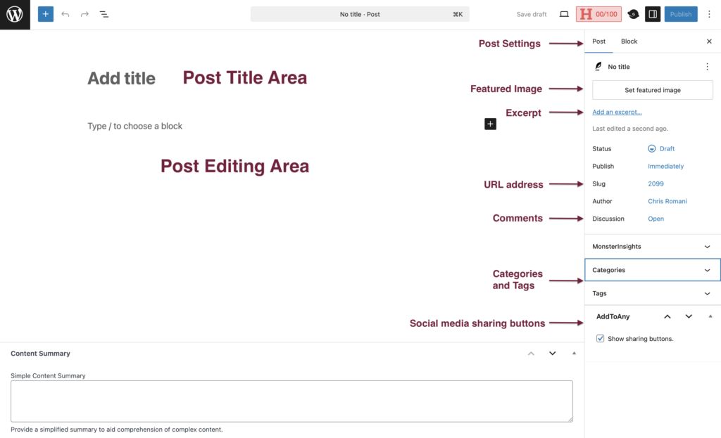Areas of the Post Editing Screen in the block editor