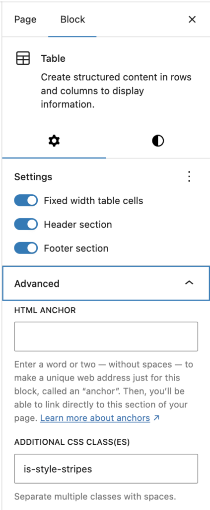 The table settings block