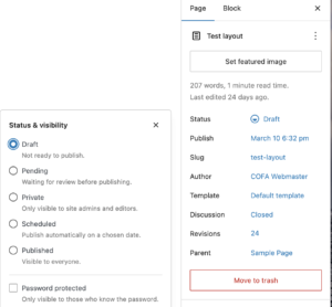 Page Settings showing how to save as a draft