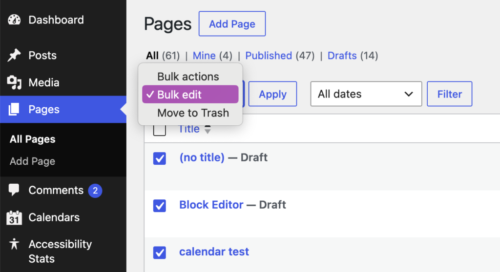 The All Pages Screen and the bulk actions dropdown