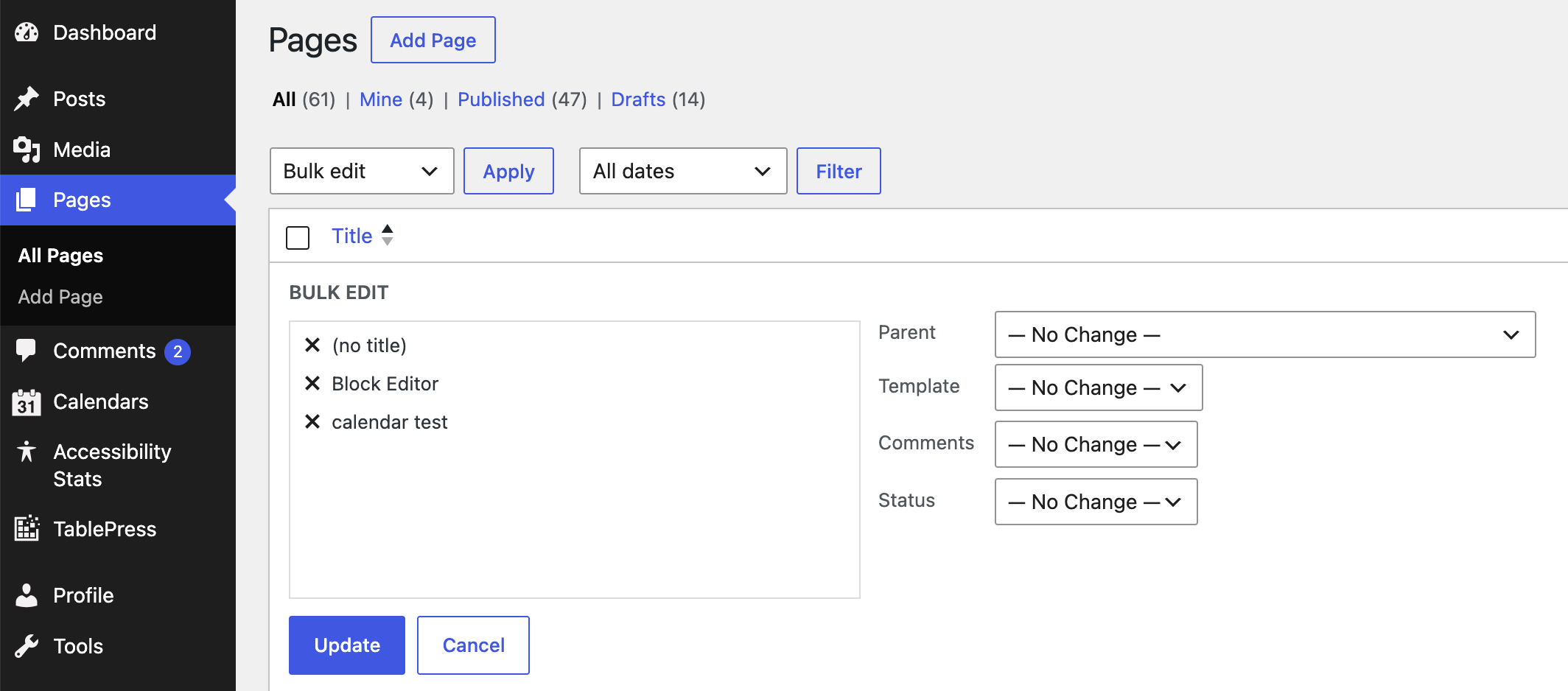 The Bulk Edit screen that allows you to change certain elements of selected Pages