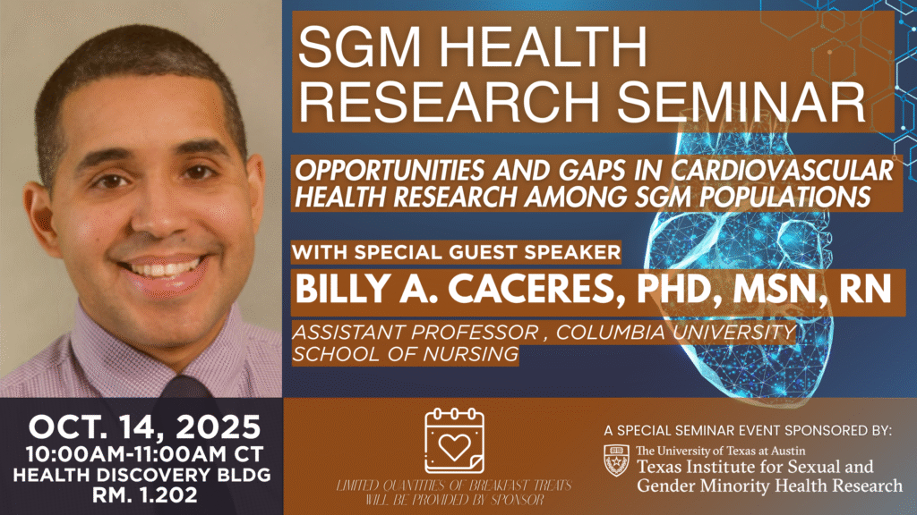 Banner graphic promoting Oct. 14 seminar featuring Dr. Billy Caceres of Columbia University Nursing School on SGM cardiovascular disparities