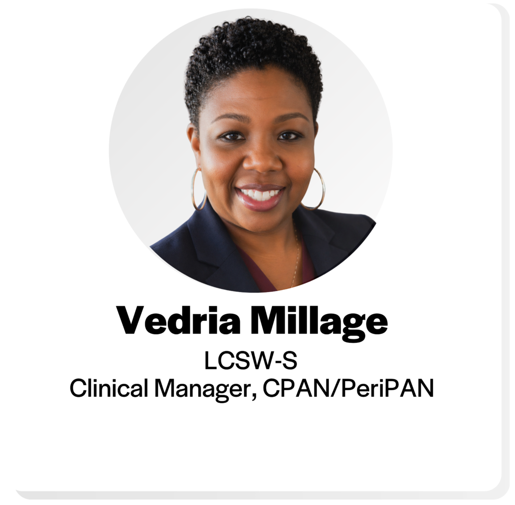 headshot of vedria millage, L C S W S, clinical manager, CPAN and PeriPAN, with short black hair and gold hoop earrings