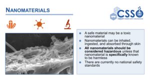 An image containing the title Nanomaterials and an image of a nanostructured surface. The text reads "A safe material may be a toxic nanomaterial. Nanomaterials can be inhaled, ingested, and absorbed through skin. All nanomaterials should be considred hazardous unless that nanomaterial is specifically known to be harmless. There are currently no national safety standards for nanomaterials."