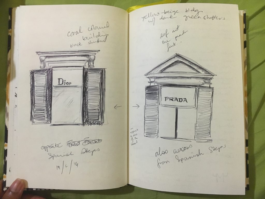 Windows to the upper floors of Dior and Prada stores opposite the Spanish Steps