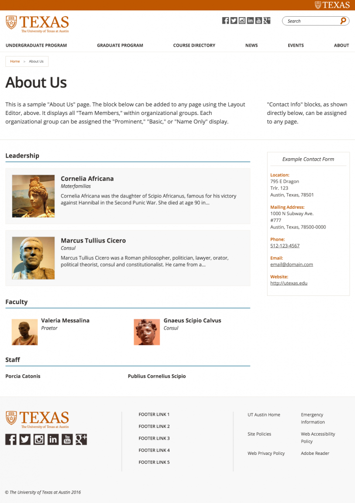 Team member overview block showing three different display styles, added to a Standard Page