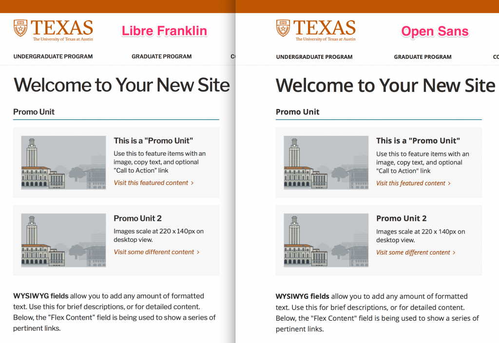Screenshot of a Forty Acres-based homepage comparing the Libre Franklin font (left) to Open Sans (right)