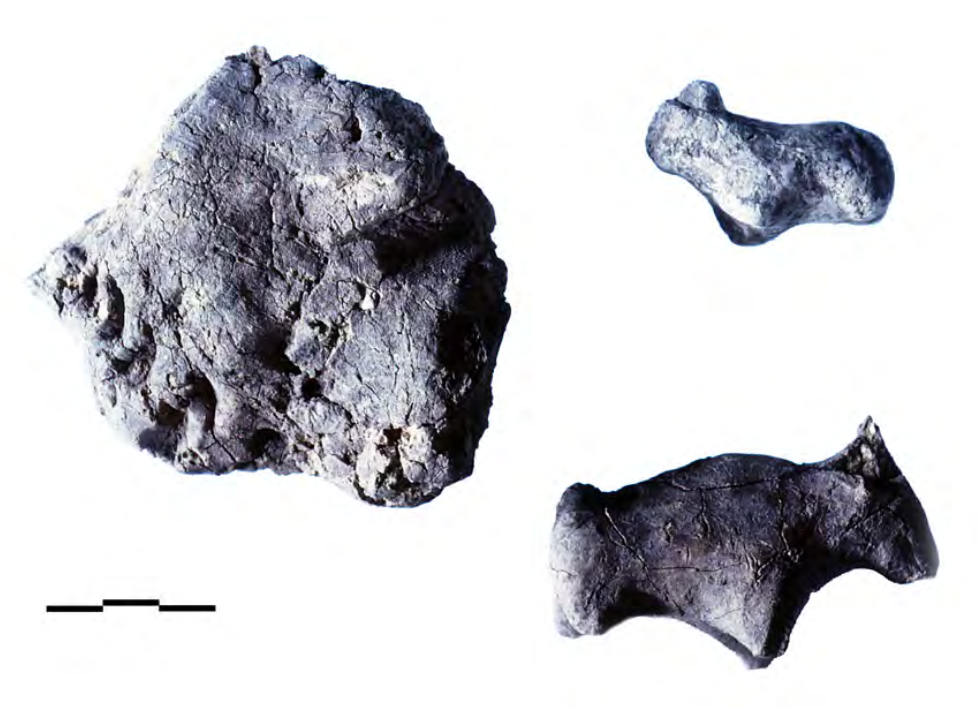 lump of coarse yellow clay bearing five curved incised markings and two figurines.