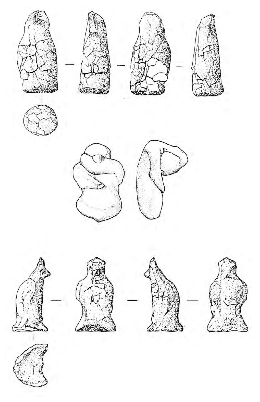 drawings of several figurines from different angles