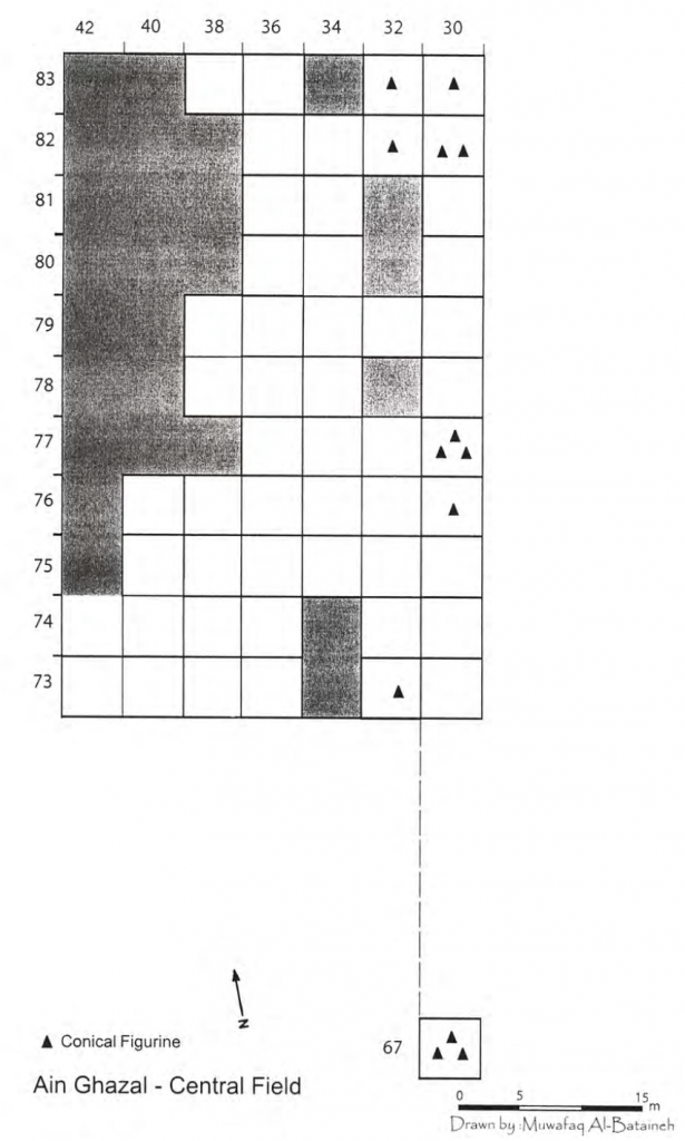 Numbered grid illustrating the number of conical figurines in each excavated square.